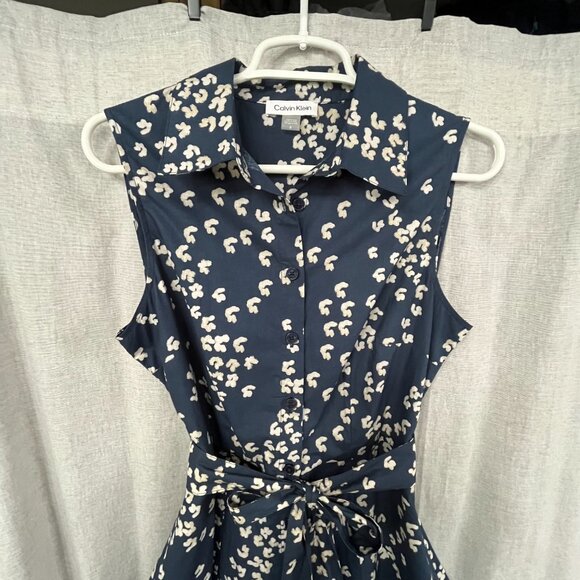 Size 6 Calvin Klein Sleeveless Collared Button Down Tie Waist Dress w/ pockets - Picture 4 of 5